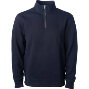 A navy midweight quarter zip pullover with long sleeves and a zippered collar. It features a logo.