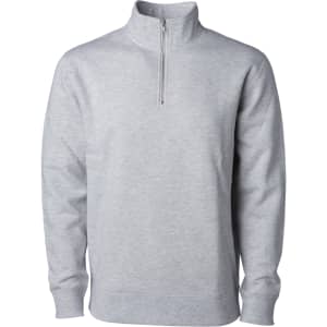 A midweight quarter zip pullover in light grey, featuring a collar and long sleeves. Has a logo on the garment.