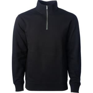 A men's midweight quarter zip pullover in black, featuring a front zip and ribbed cuffs. Includes a logo.