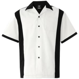 A short-sleeved, button-up shirt in white with black side panels and a chest pocket, featuring a logo.