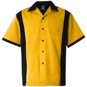 A yellow and black woven bowling shirt with a button-up front and a chest pocket, featuring a logo.