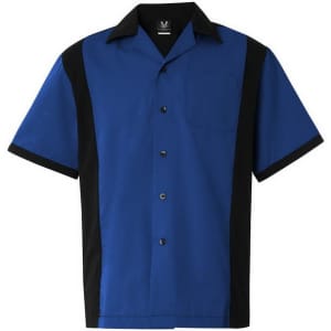 A blue and black woven bowling shirt featuring a button-up front and a chest pocket. It includes a logo on the collar.