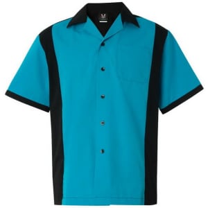 A turquoise and black woven bowling shirt with a collar and button-up front, featuring a chest pocket and a logo.