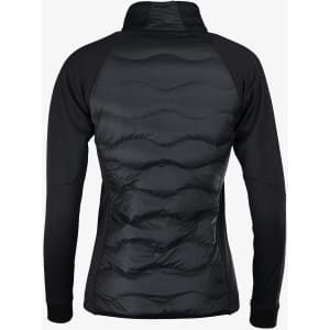 A puffer jacket in black with a smooth, quilted design on the back and a high collar. It features a logo.