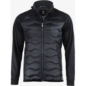 A black puffer jacket with a zip front and fitted design, featuring a logo on the collar.