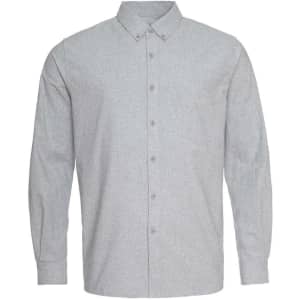 A grey button-down shirt with long sleeves and a single chest pocket, featuring a collar and buttons.