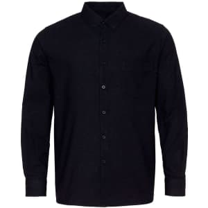 A black button-down shirt with long sleeves and a single chest pocket, featuring a subtle texture and a collar.