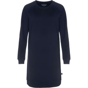 A navy sweatshirt dress with long sleeves and a round neckline, featuring a logo detail.