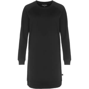 A black sweatshirt dress with long sleeves and a relaxed fit, featuring a branding logo.