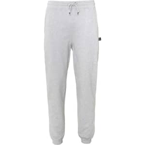 Light grey sweatpants with an elasticated waistband and a drawstring feature. Includes a branding tag.