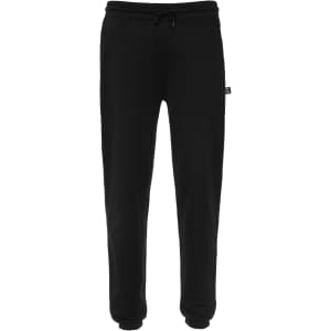 Black sweatpants featuring a drawstring waist and a small logo on the side. Ideal for casual wear or exercise.