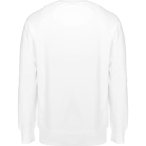 A white sweatshirt with long sleeves and a crew neck, featuring a plain back and a logo near the hem.