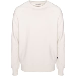 A cream sweatshirt with long sleeves and a crew neckline, featuring a small logo on the hem.