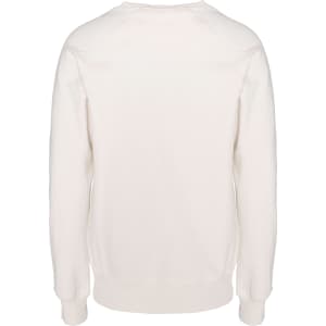 A white sweatshirt with long sleeves and a crew neck, featuring a plain back and a logo.