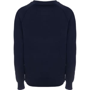 A navy sweatshirt with a simple design and long sleeves, featuring a logo at the back.