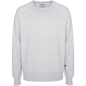 A grey sweatshirt with a crew neck and ribbed cuffs, featuring a logo on the side.