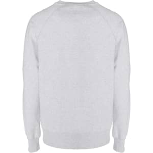 A grey sweatshirt with a crew neck and long sleeves, featuring a simple design and a branding logo.