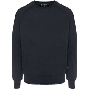 A dark grey sweatshirt featuring a crew neck and long sleeves, with a logo on the hem.