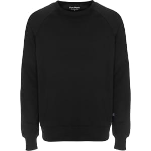 A black sweatshirt featuring ribbed cuffs and a round neckline, with a small logo on the side.