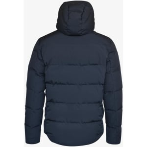 A navy unisex jacket with a hood, featuring a padded design and a back view showing the stitching details.