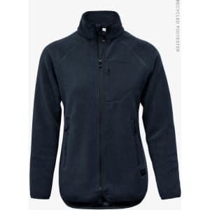 A dark navy fleece women's jacket with a zip front and side pockets, featuring a small chest pocket.