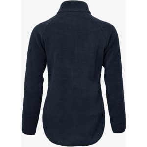 A dark navy women's jacket with a high collar and long sleeves, featuring a soft texture and no visible front design.