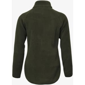A women's jacket in a dark olive green colour with a soft fleece texture and a high collar. Features a logo.