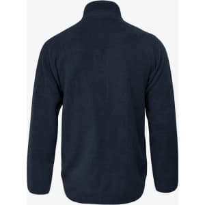 A navy polar fleece jacket with a high collar and long sleeves, featuring a brand logo.