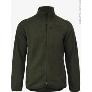 A polar fleece jacket in dark green, featuring a zip front and a chest pocket, with a logo on the side.