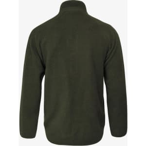 A green polar fleece jacket with a high collar, featuring a logo on the back.