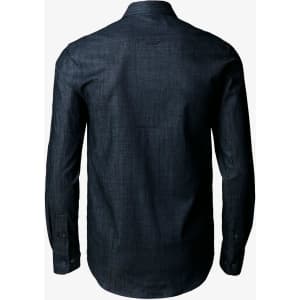 A dark blue button-up shirt with long sleeves, featuring a modern fit and a collar at the neck.