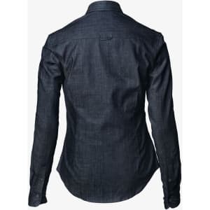 A dark denim button-up shirt featuring a fitted design and long sleeves, with a back yoke and cuffs.