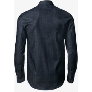 A dark blue, slim fit button-up shirt with long sleeves and a collar, featuring a logo on the back.