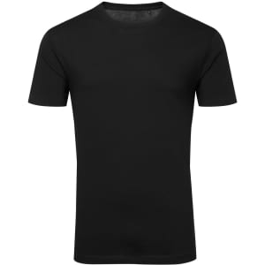A black organic t-shirt with a classic crew neck and short sleeves, featuring a logo.