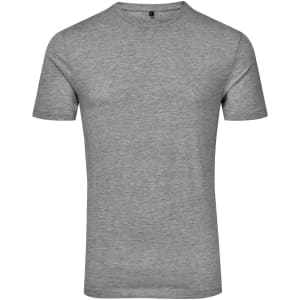 A grey organic T-shirt with a round neckline and short sleeves, featuring a logo on the label.