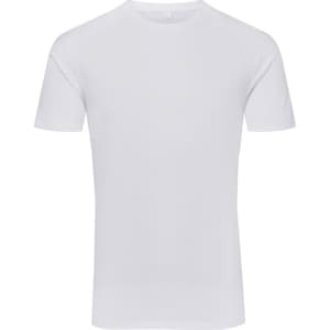 A plain white organic t-shirt with short sleeves, featuring a logo on the upper left side.