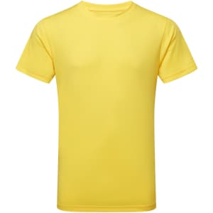 A yellow performance T-shirt featuring a crew neck design and short sleeves. It has a logo on the front.