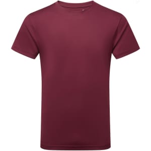 A burgundy performance T-shirt with a classic short sleeve design and a logo.