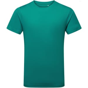 A teal performance T-shirt with a round neckline and short sleeves, featuring a logo on the front.