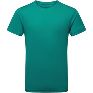 A teal performance T-shirt with short sleeves and a simple design. It features a logo on the chest.