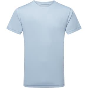 A light blue performance t-shirt with short sleeves and a logo on the front.