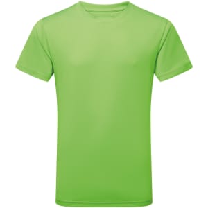 A bright green performance T-shirt with a round neckline and short sleeves, featuring a logo on the front.