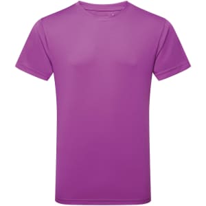 A purple performance T-shirt with short sleeves and a round neckline, featuring a logo.