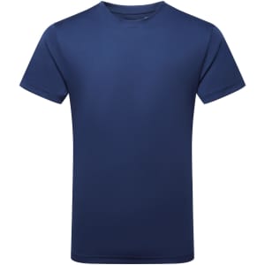A plain navy blue performance t-shirt featuring short sleeves and a simple design. It has a logo on the chest area.