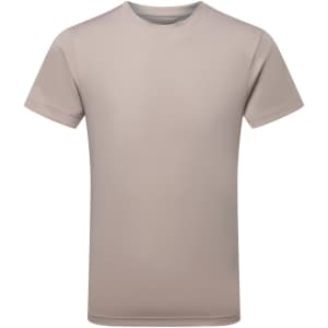 A beige performance T-shirt with short sleeves, featuring a simple design and a logo on the front.