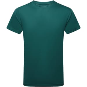 A green performance t-shirt with a classic round neck and short sleeves, featuring a logo.