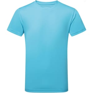 A light blue performance T-shirt with short sleeves and a smooth finish. Features a logo.