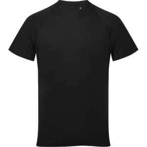 A black panelled tech T-shirt with short sleeves and a rounded neckline. It features a logo.