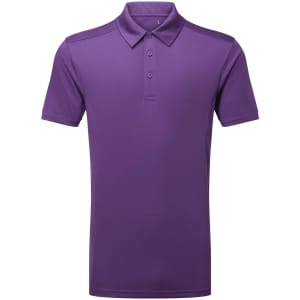 A purple panelled polo shirt featuring a collar and short sleeves. Includes a logo on the front.