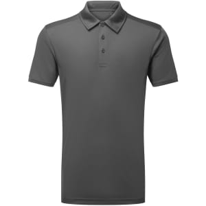 A grey panelled polo shirt with a collar and three-buttons placket, featuring a logo on the chest.